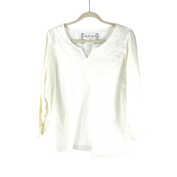 M&S Indigo Collection Embroidered Blouse Size16 Off White Lightweight Cotton Ble - Picture 4 of 5